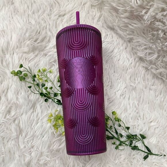 Starbucks Spring 2024 Metalic Magenta 24oz. Cold Tumbler Cup with straw NEW - Picture 1 of 5